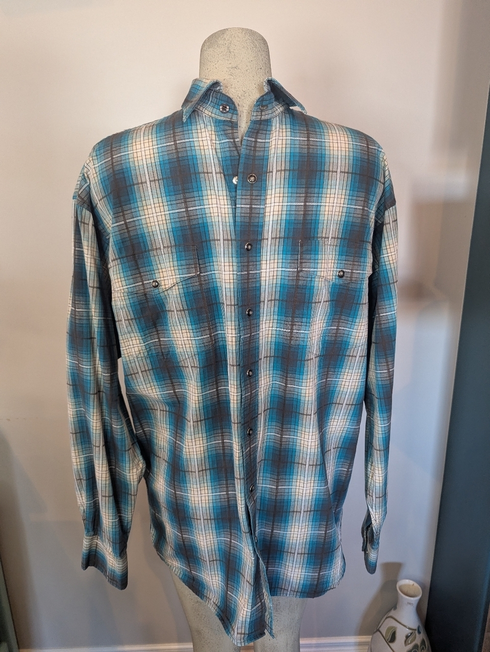 Panhandle Cowboy Shirt men's plaid Teal & Gray Cotton Snap Western shirt Sz M T